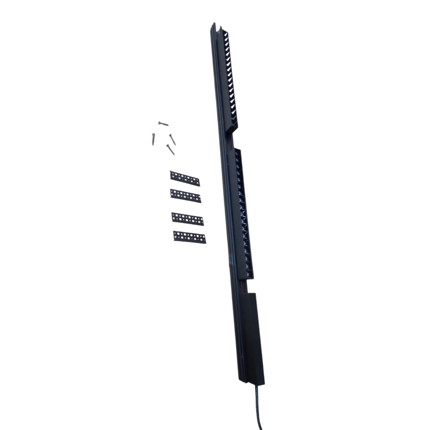 A black electronic signal conditioner or power supply with a long vertical form, shown on a plain white background with a few small mounting screws and four short black connector strips.