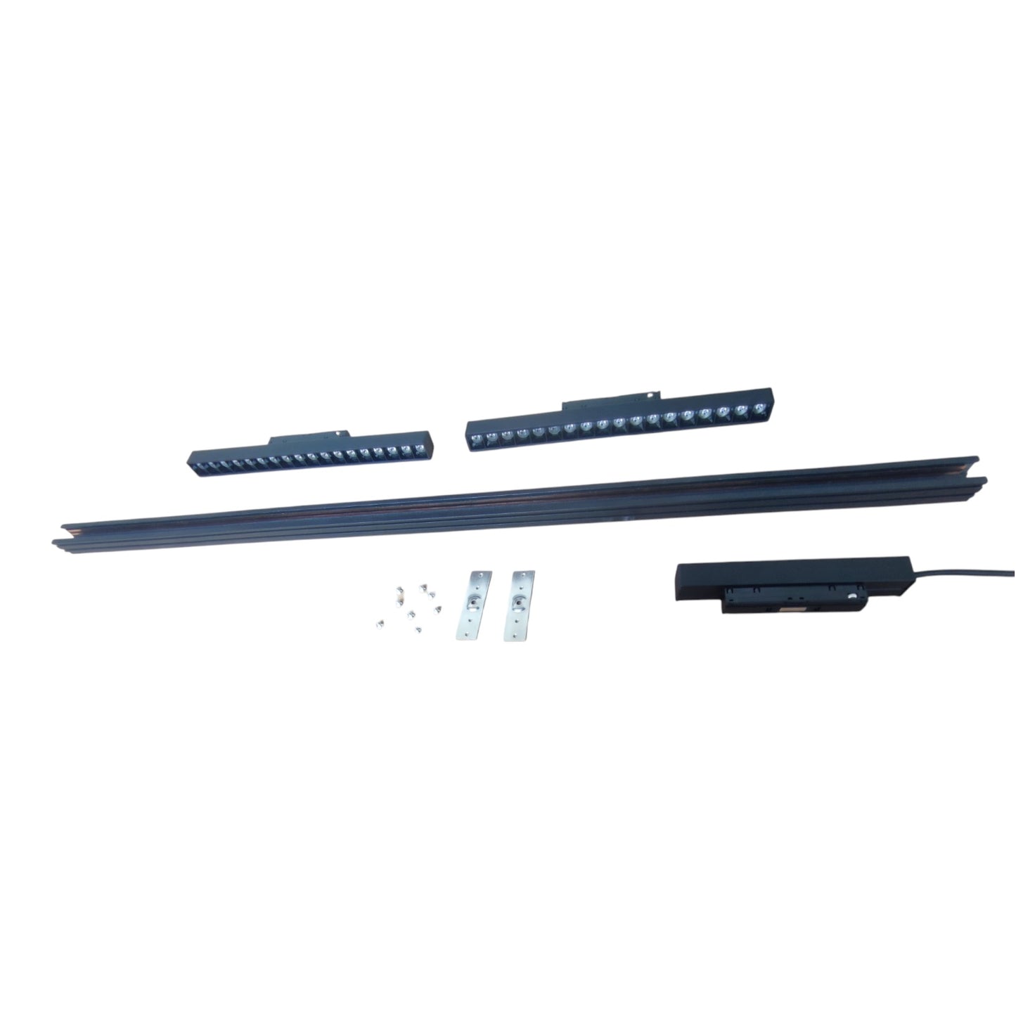 A set of black LED light bars and mounting hardware arranged on a plain white background.