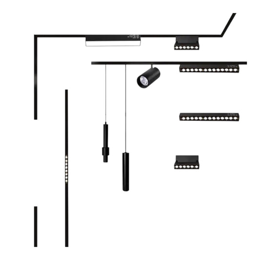 Black LED linear light bar and spotlight ceiling fixture kit shown in multiple component views on a plain white background.