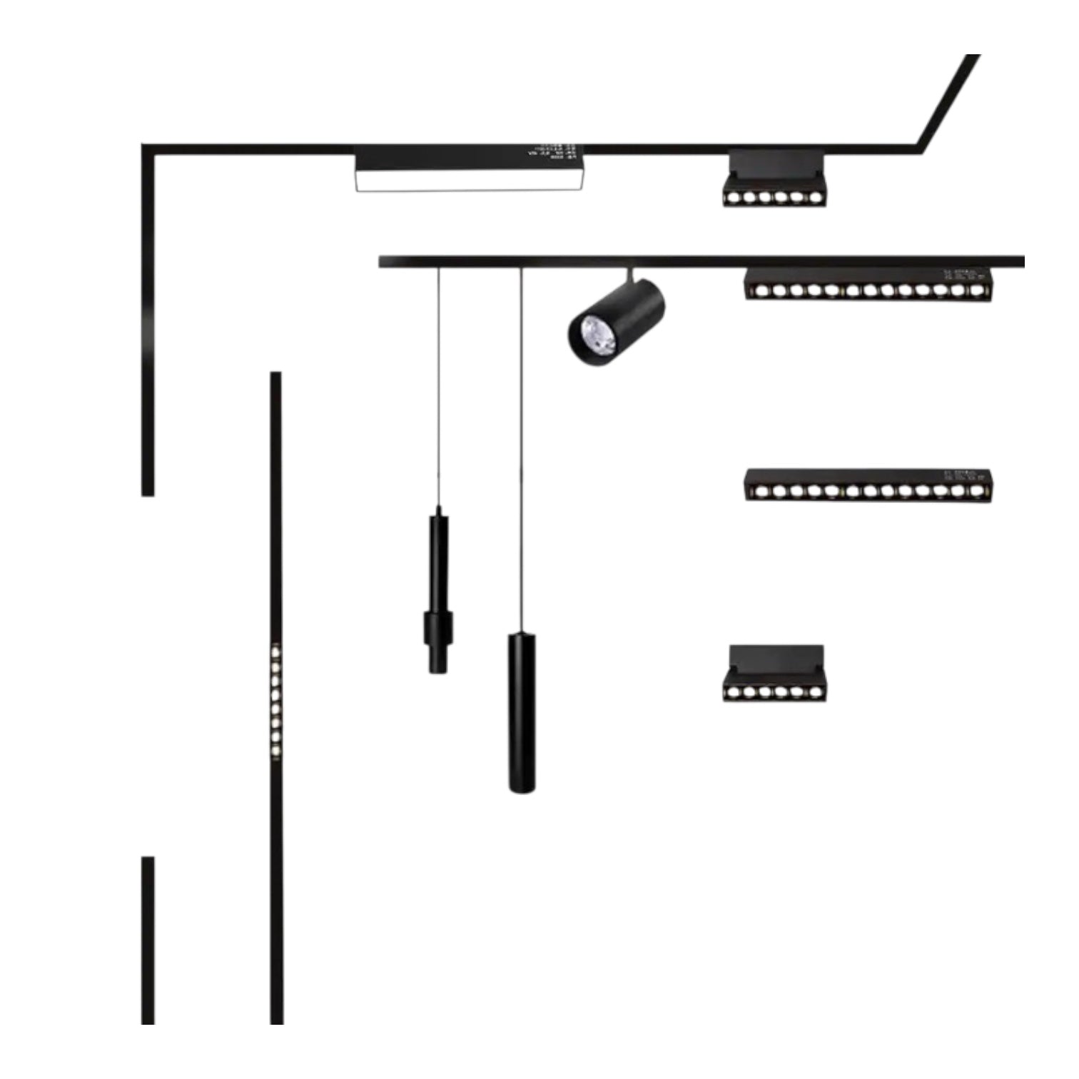 Black LED linear light bar and spotlight ceiling fixture kit shown in multiple component views on a plain white background.