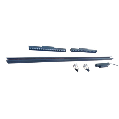 A set of long, dark blue-gray metal LED light bars with various mounting clips and connectors, displayed against a solid white background.