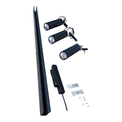 A linear LED light bar kit with three adjustable cylindrical spotlight heads, a mounting bracket, mounting hardware, and a long black mounting rail, shown on a plain white background.