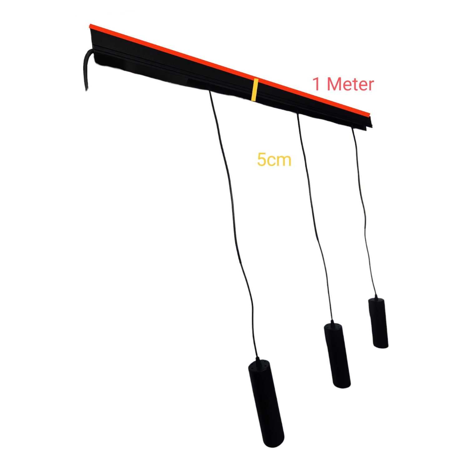 A black hanging weightlifting bar with three black weight plates suspended by cords, shown on a white background with red and yellow dimension labels reading 1 Meter and 5cm.