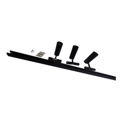 Black linear track lighting system with three adjustable spotlight heads, shown on a plain white background with mounting hardware.