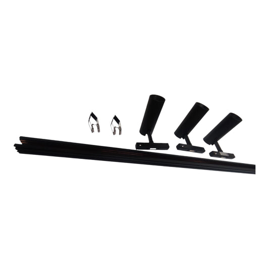 Black window track bar set with three mounting brackets and two silver metal clips, displayed on a solid white background.