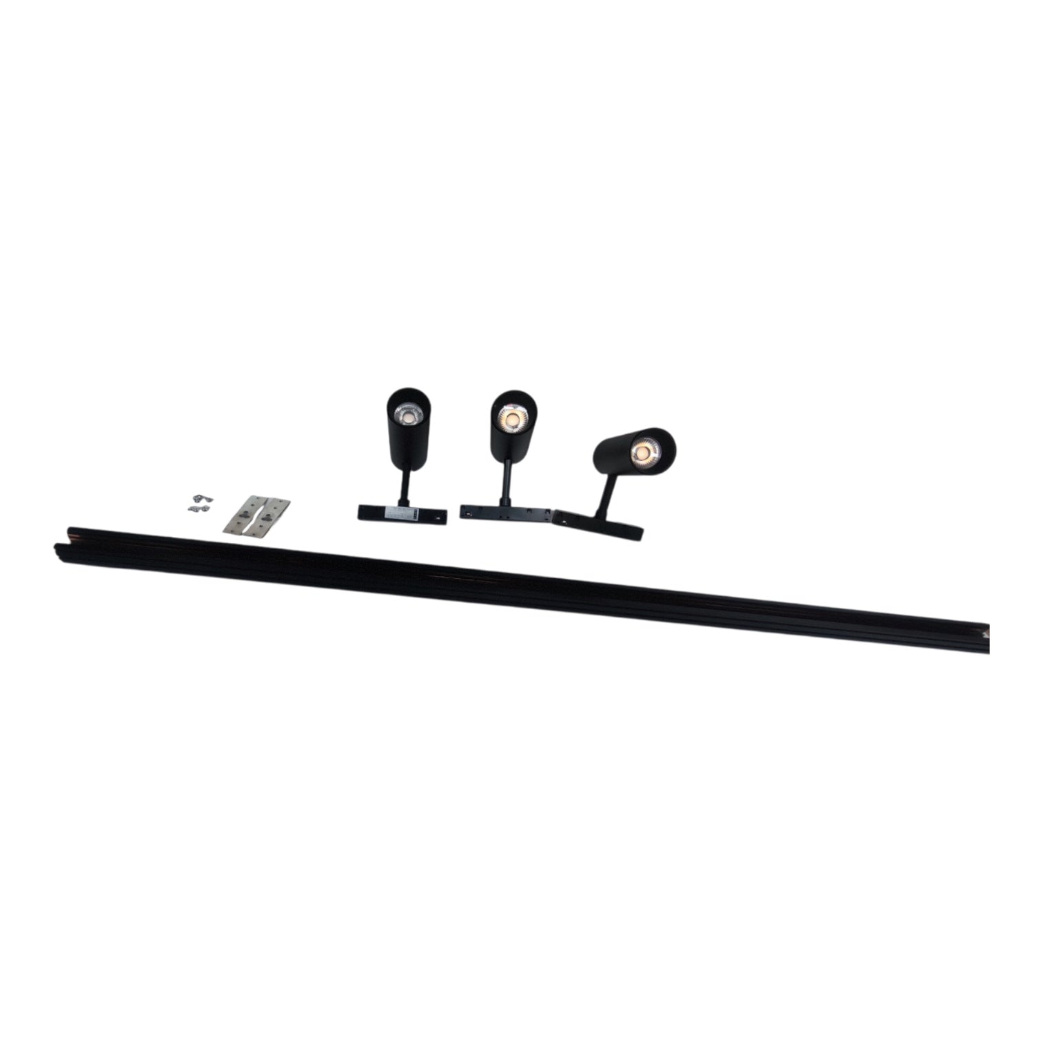 Black linear track lighting kit with three adjustable spotlight heads, mounting hardware, and a long black track on a plain white background.