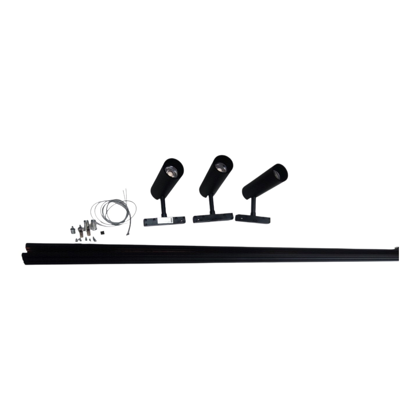 A 3-light track bar spotlight kit with three black adjustable spotlight heads, a long black mounting track bar, a coiled wire, and small mounting hardware, displayed on a solid white background.