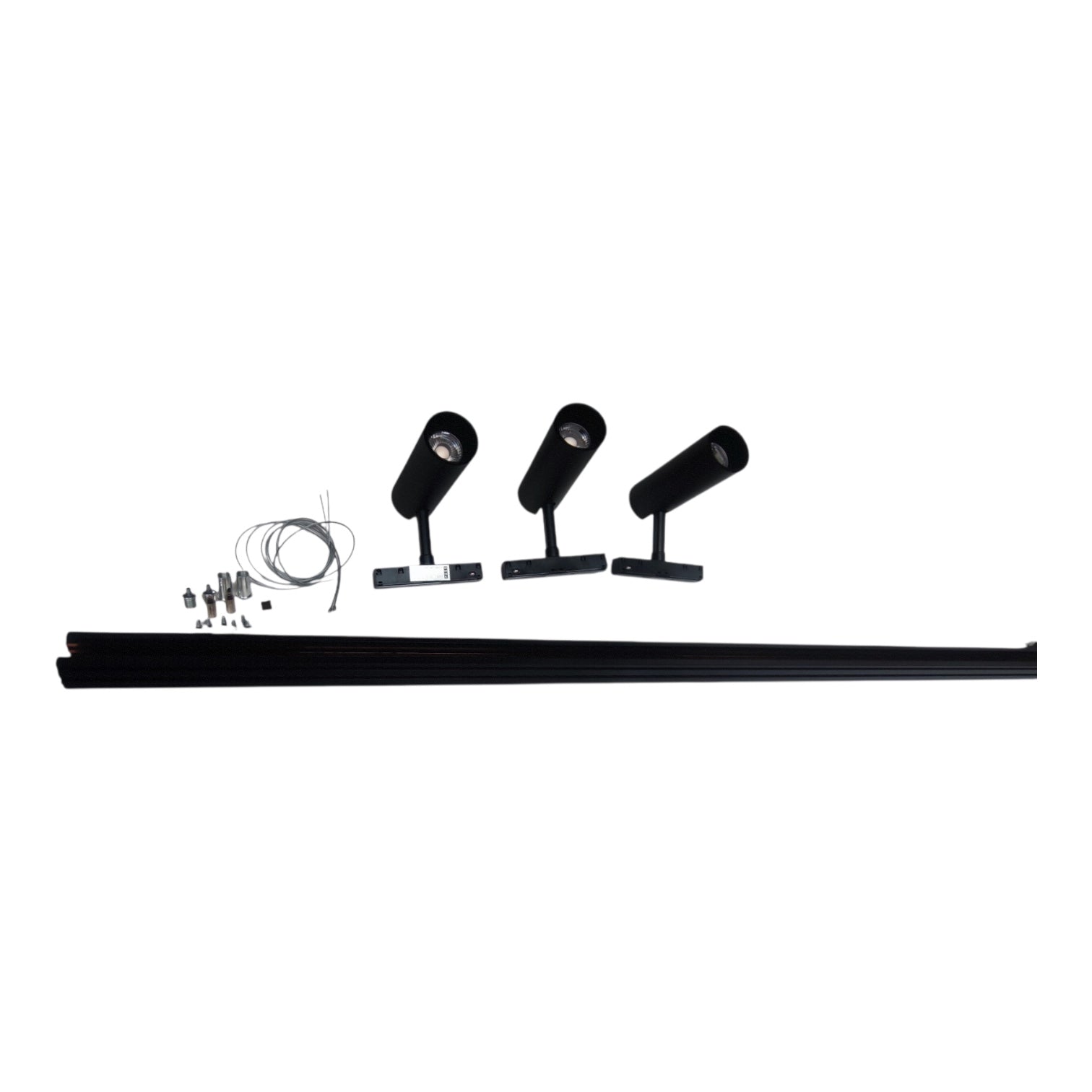 A 3-light track bar spotlight kit with three black adjustable spotlight heads, a long black mounting track bar, a coiled wire, and small mounting hardware, displayed on a solid white background.