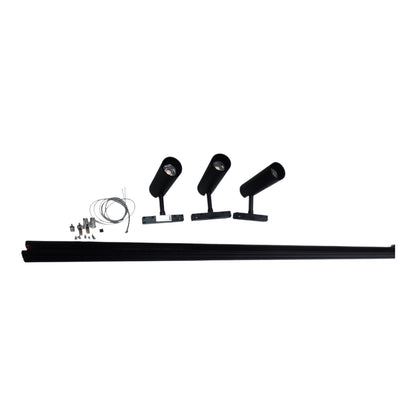 A 3-light track bar spotlight kit with three black adjustable spotlight heads, a long black mounting track bar, a coiled wire, and small mounting hardware, displayed on a solid white background.