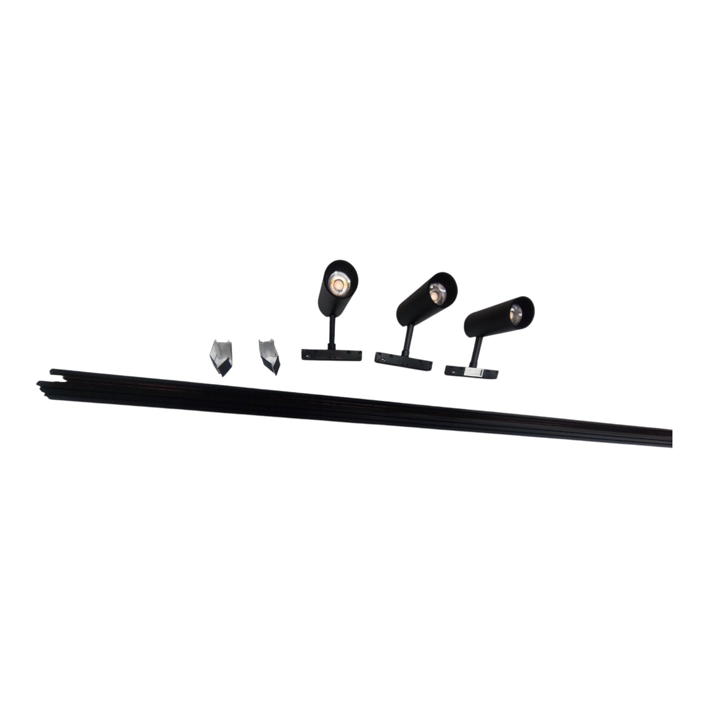 A black linear track lighting system with three adjustable spotlight heads and two mounting clips, shown against a plain white background.