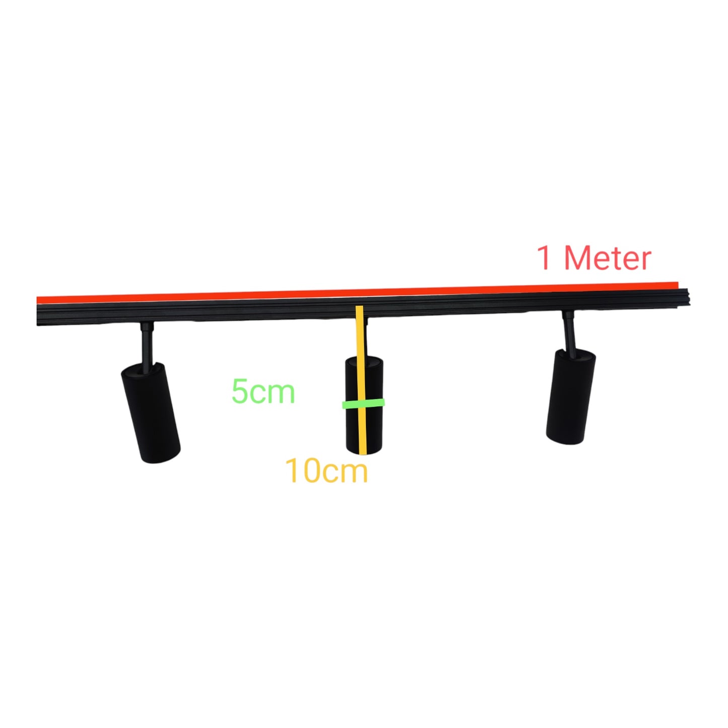 Black linear track lighting fixture with two adjustable cylindrical spotlights, overlaid with dimension labels showing 1 Meter track length, 5 cm head width, and 10 cm head depth on a white background.