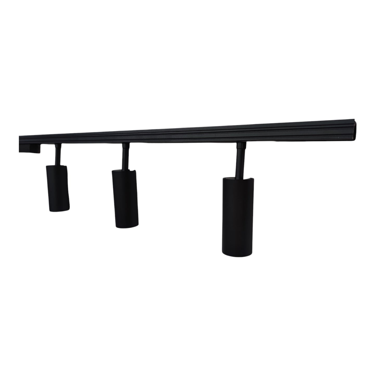 A modern black linear ceiling track light fixture with three adjustable cylindrical spotlight heads, shown against a plain white background.