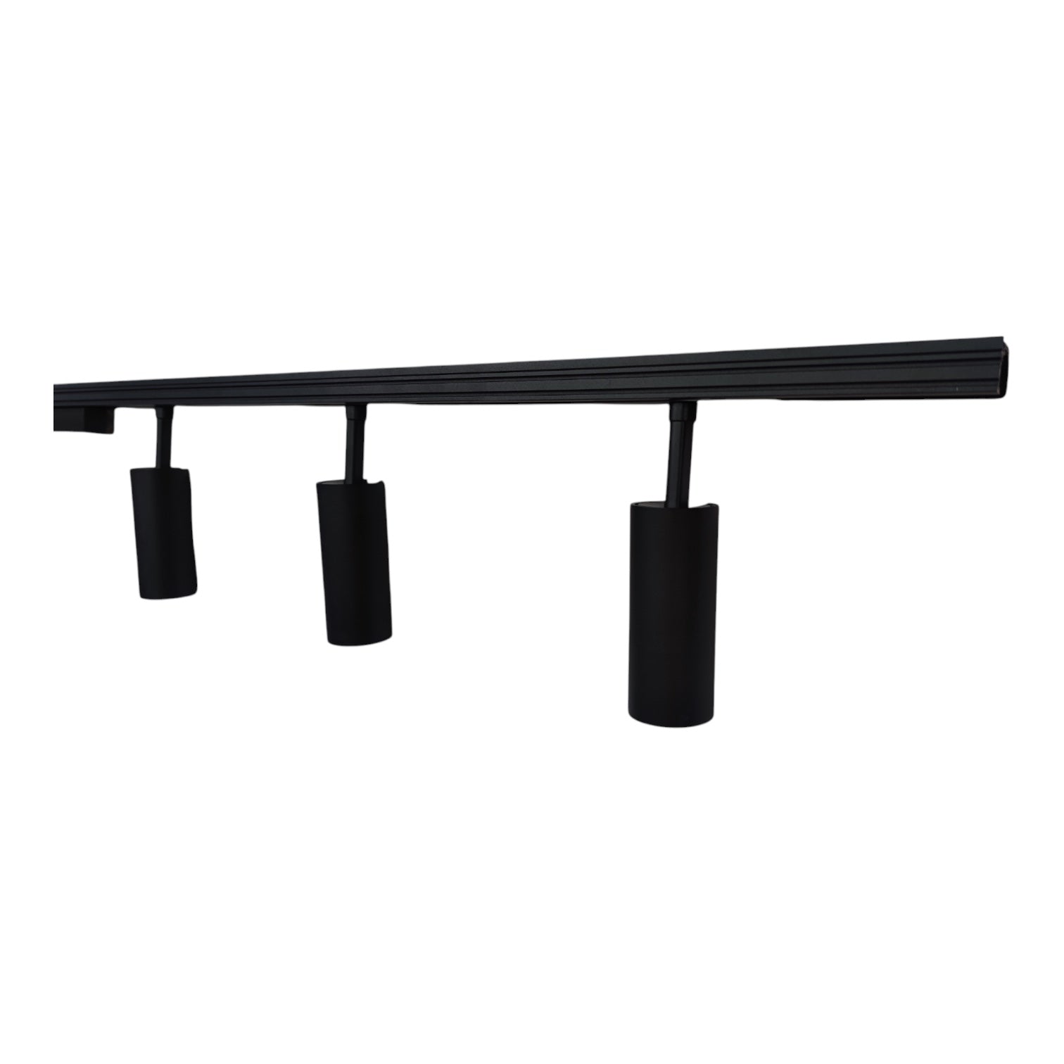A modern black linear ceiling track light fixture with three adjustable cylindrical spotlight heads, shown against a plain white background.