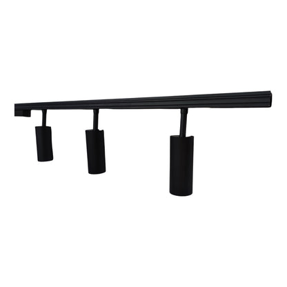 A modern black linear ceiling track light fixture with three adjustable cylindrical spotlight heads, shown against a plain white background.