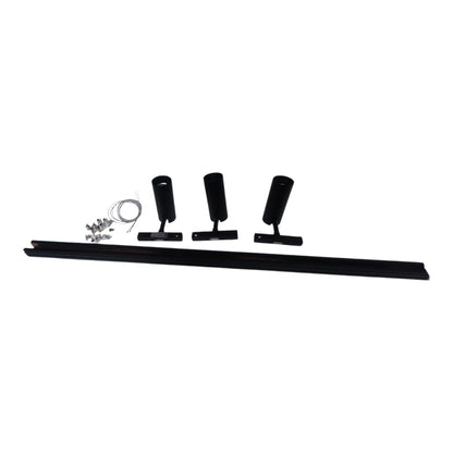 Black linear LED track lighting kit with three adjustable spotlight heads, a long mounting rail, and mounting hardware, shown on a plain white background.