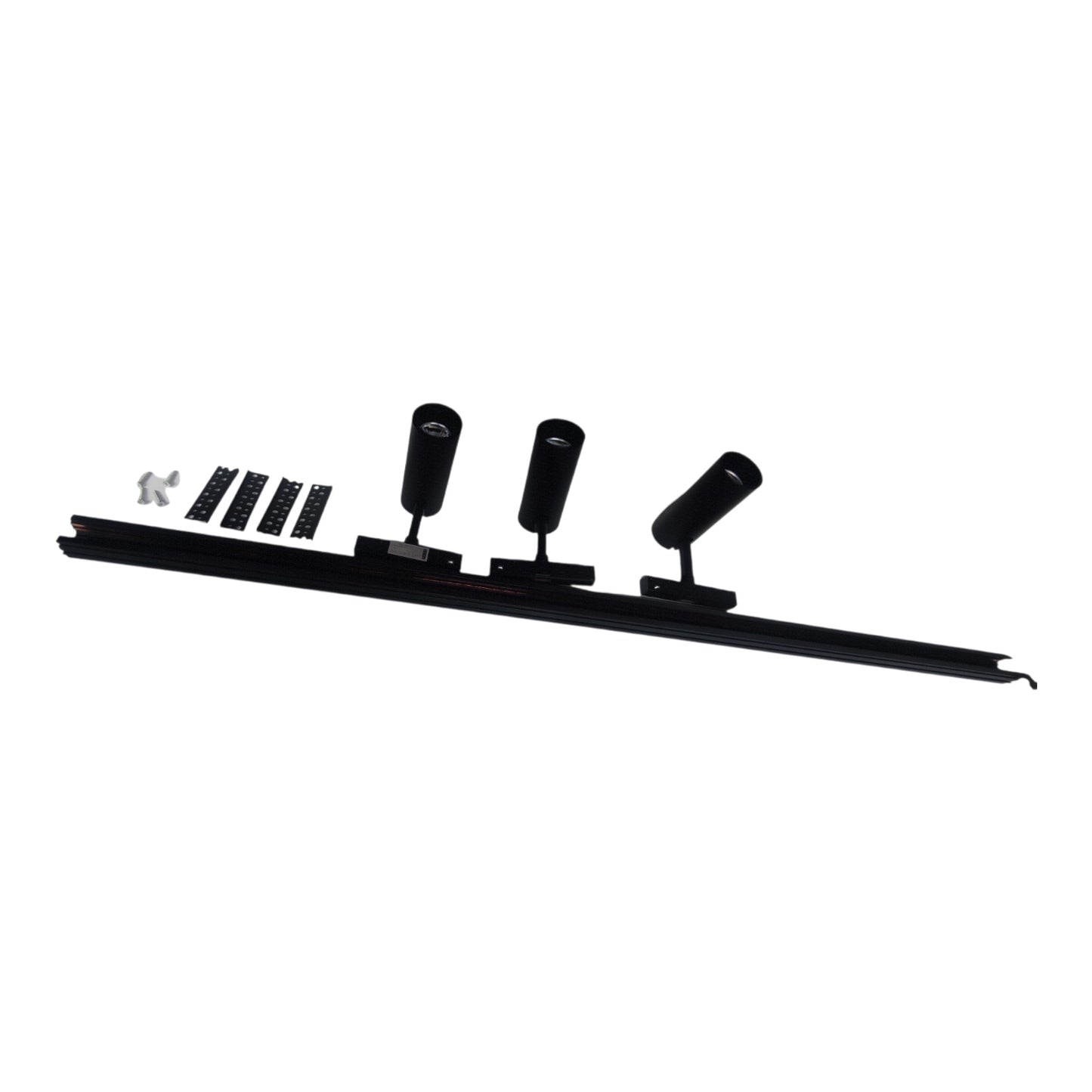 A black three-light linear track spotlight fixture with three adjustable cylindrical heads, shown with mounting brackets and a small silver hardware piece on a plain white background.