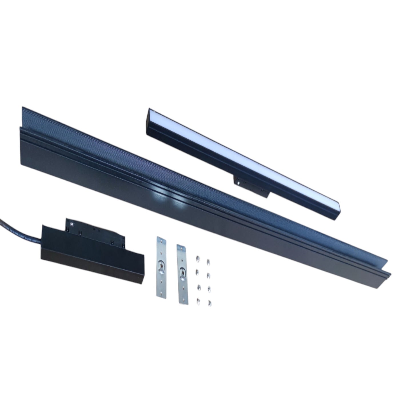 A linear LED light bar kit with a long black aluminum channel, a separate light bar section, a black electronic driver/control box with a wire, two metal mounting brackets, and several screws, shown on a plain white background.