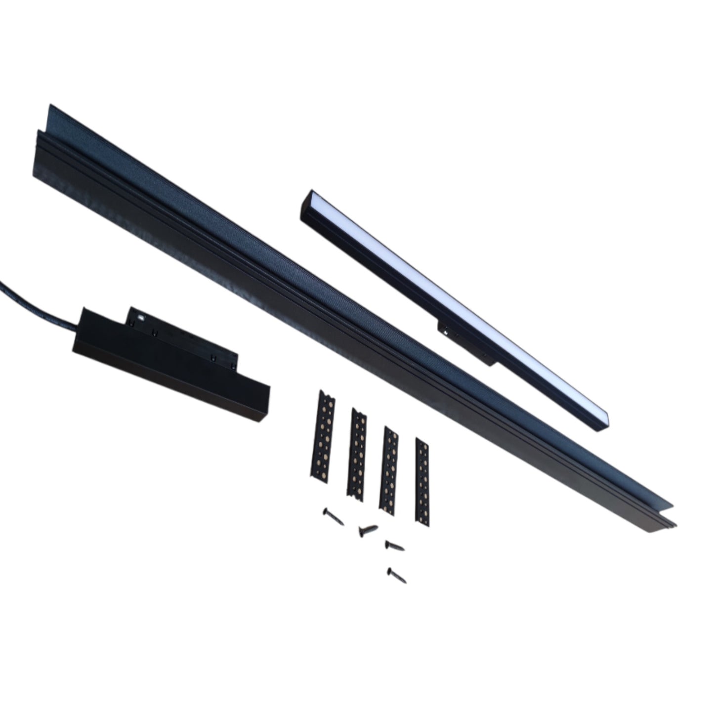 A black linear LED light bar kit with an electronic driver, mounting brackets, and screws, displayed on a clean white background.