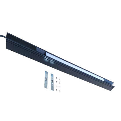 A long, slim linear LED light fixture in a dark metallic finish, shown diagonally with two mounting brackets and several small screws on a plain white background.