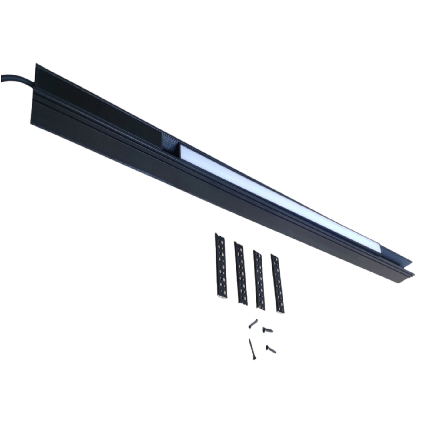 A black linear LED light bar with a white illuminated strip, shown diagonally on a white background with four mounting brackets and four small screws below.