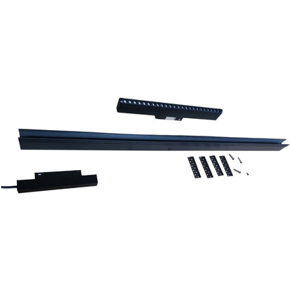 Set of black LED strip lights with mounting hardware on a white background