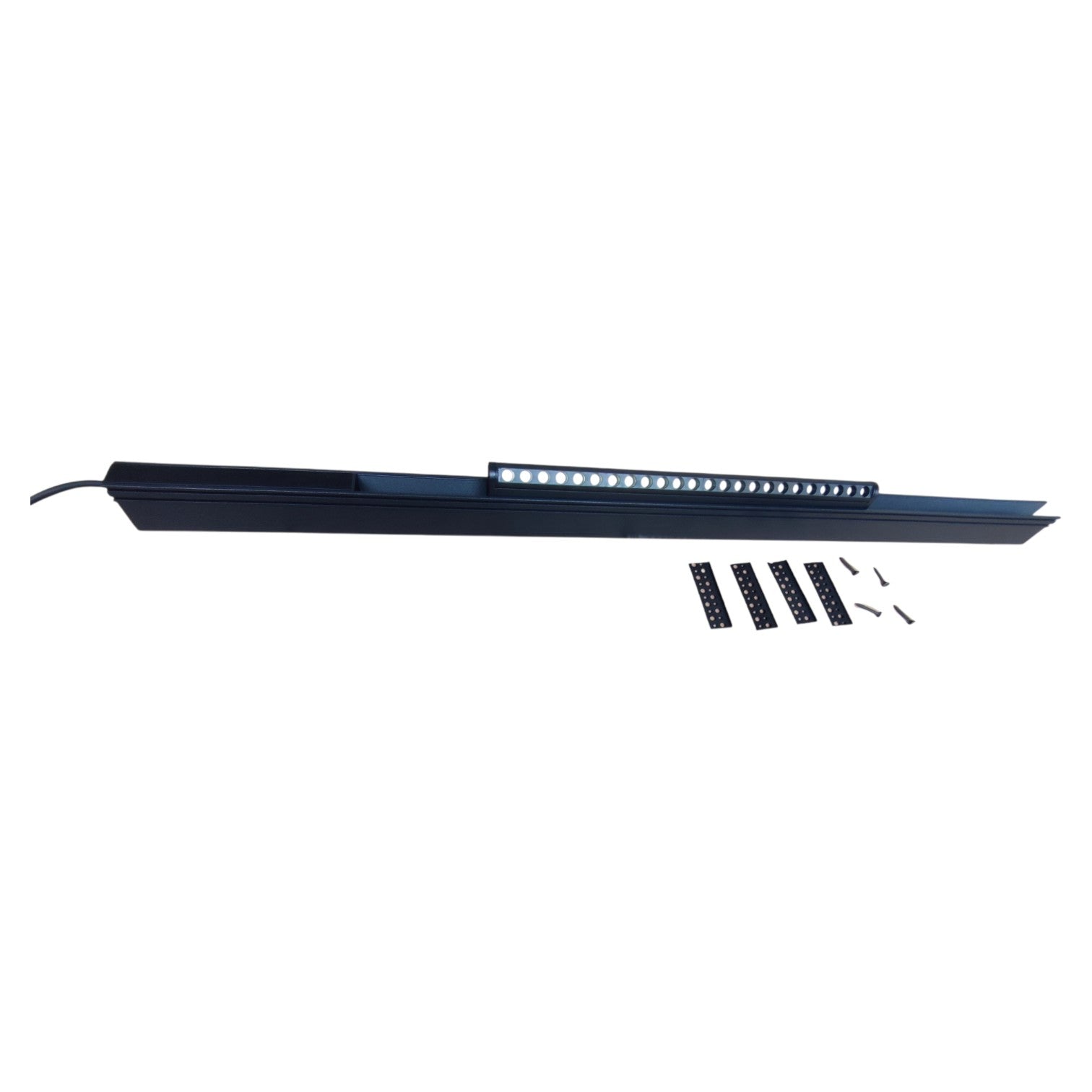 Long rectangular black light fixture with small components on a white background