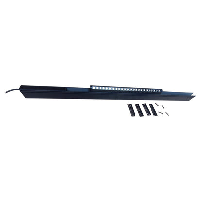 Long rectangular black light fixture with small components on a white background