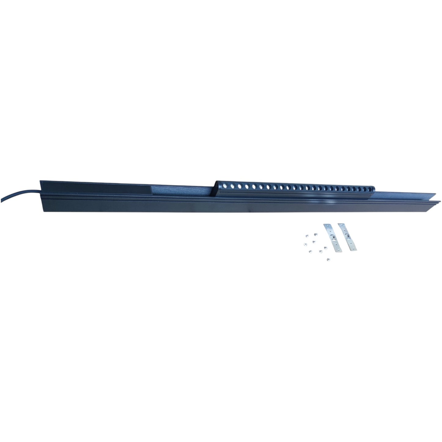 Long rectangular black light fixture with small components on a white background