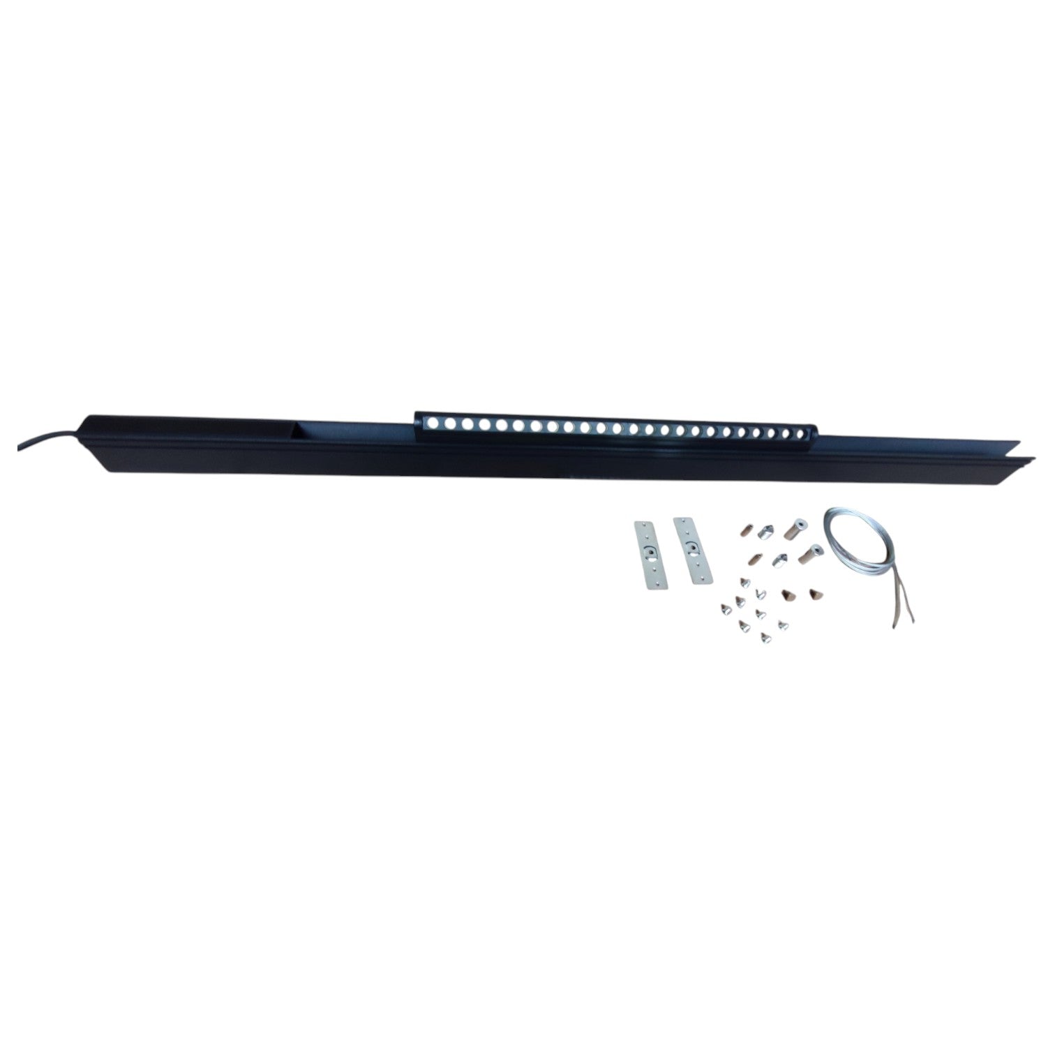 Long black rectangular light fixture with mounting hardware on a white background