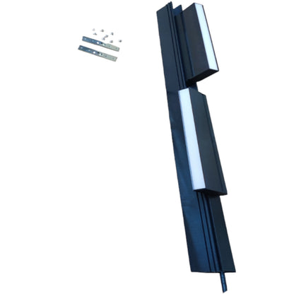 A modern, multi-tiered vertical LED wall light fixture in a dark blue-gray finish, shown with its mounting brackets and screws on a plain white background.