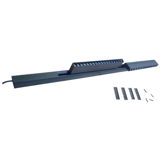 Long rectangular black light fixture with additional components on a white background