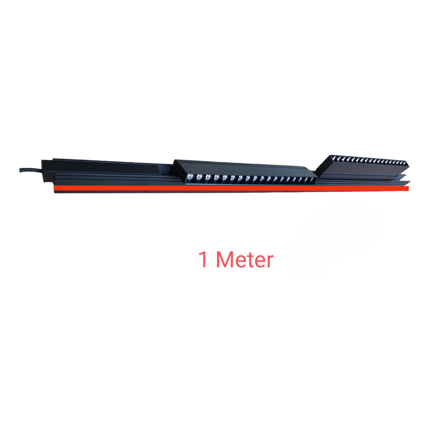 Long black and red object with '1 Meter' text on a white background
