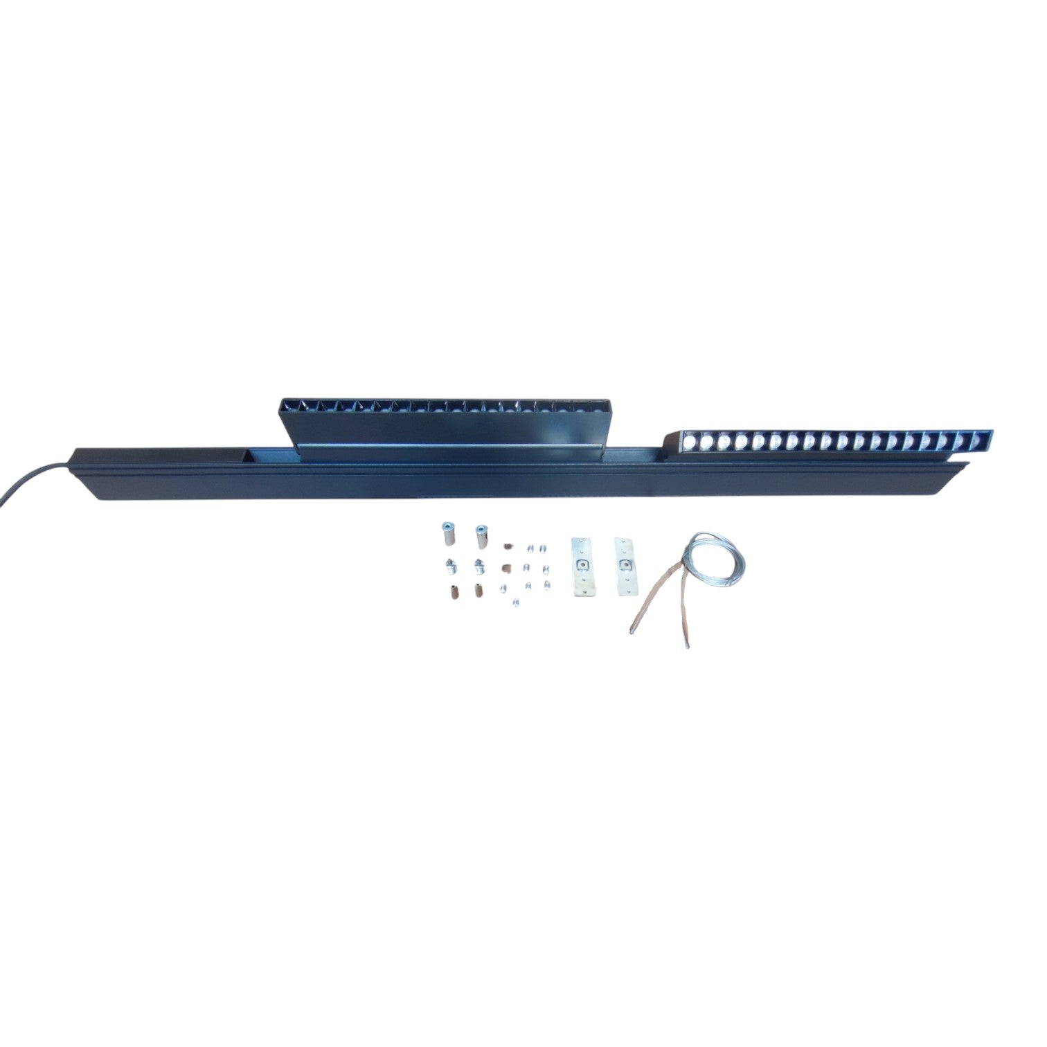 Blue LED light bar with mounting hardware on a white background