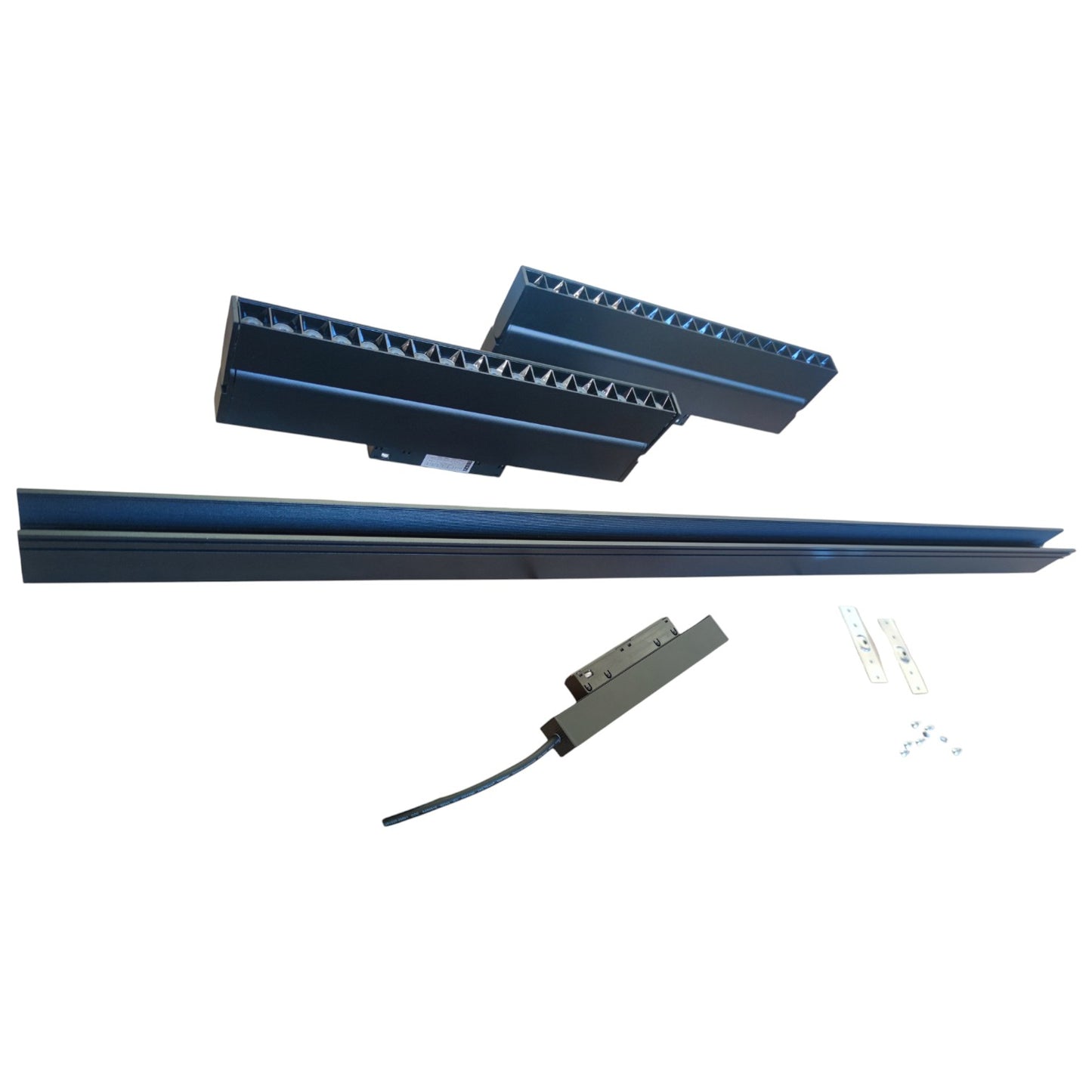 Set of metal brackets and components on a white background