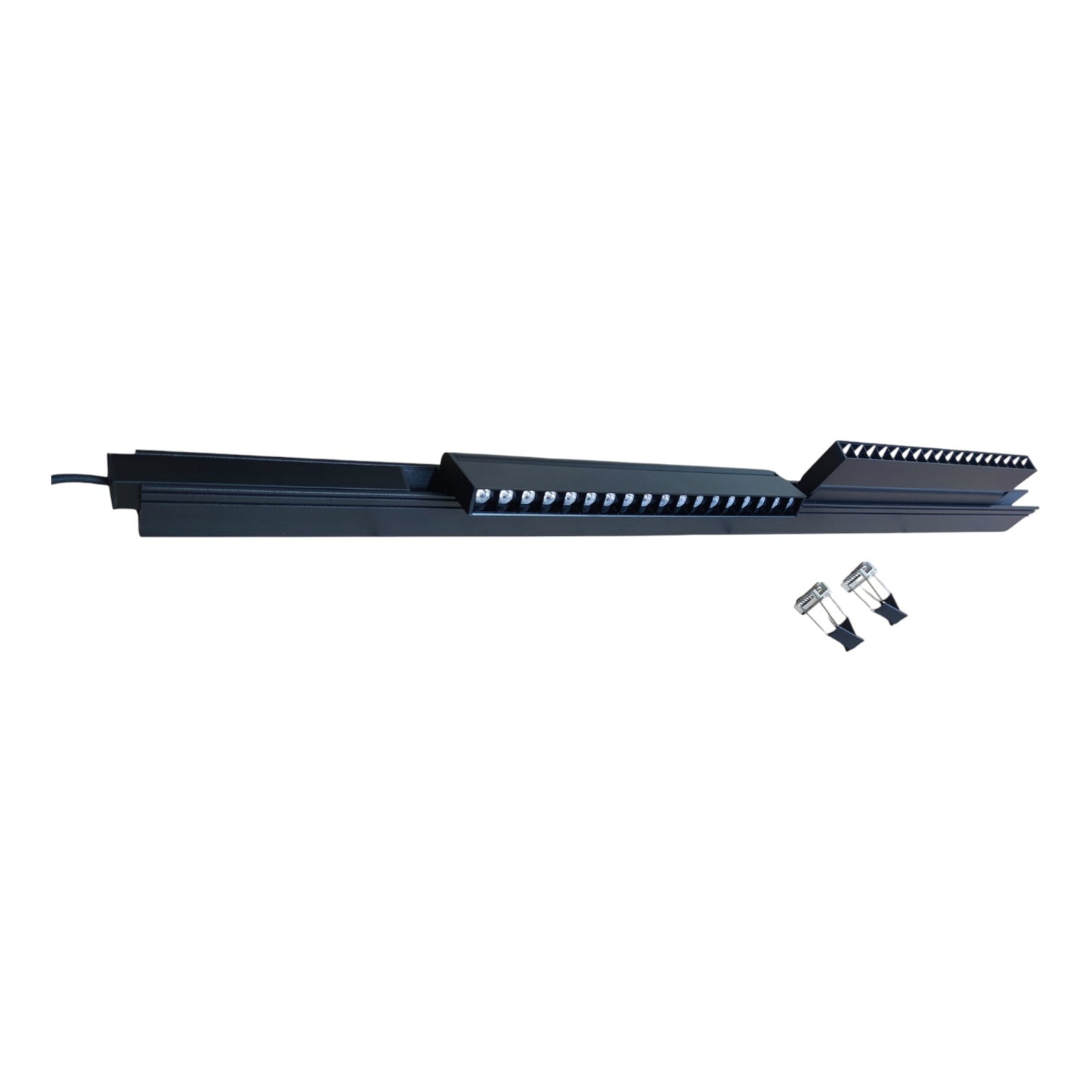 Black LED light bar with two additional lights on a white background