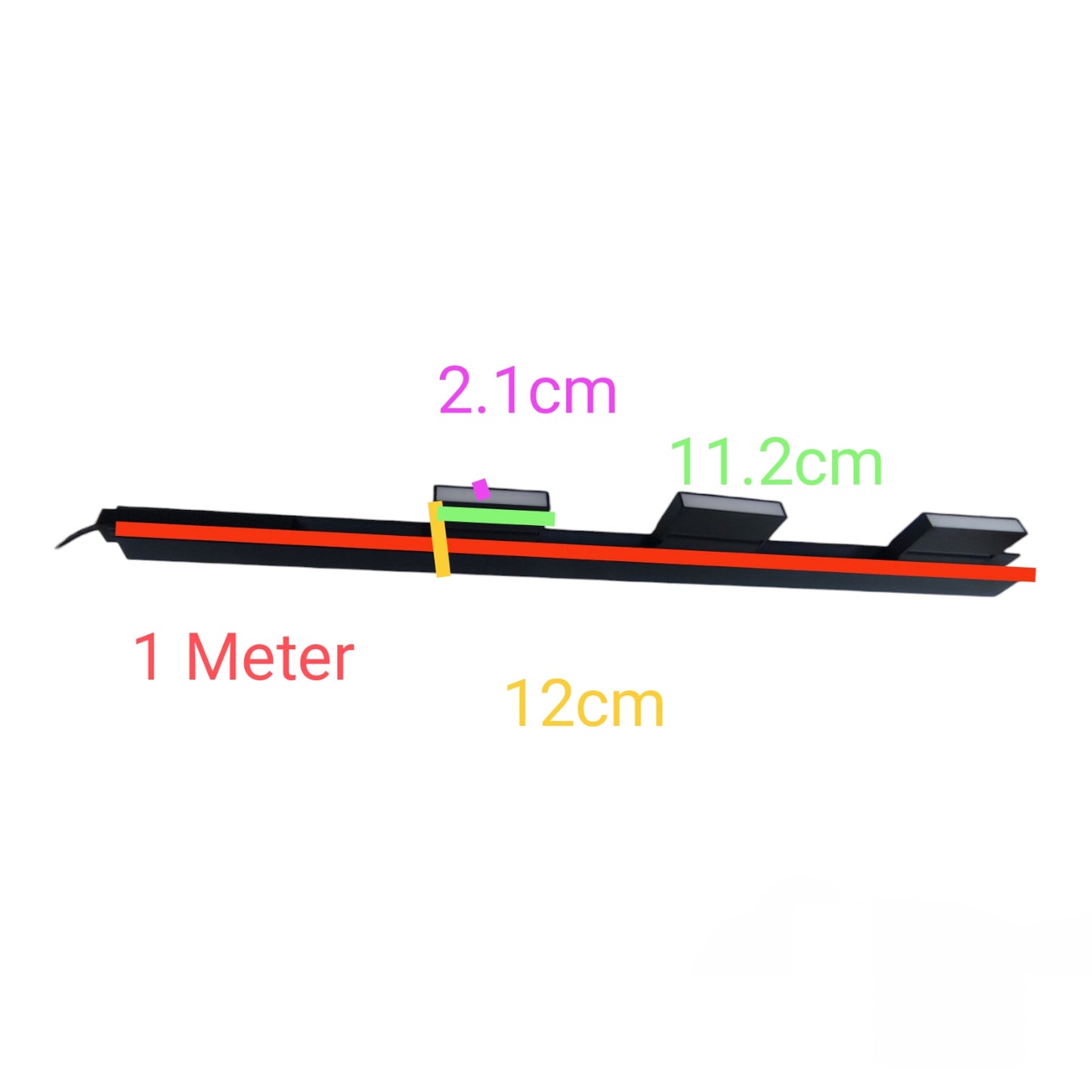 A black rectangular electronic component or strip with overlaid dimension labels: 1 Meter in red, 12cm in yellow, 2.1cm in purple, and 11.