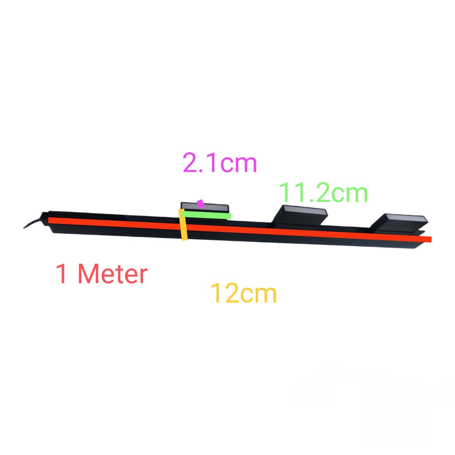 A black rectangular electronic component or strip with overlaid dimension labels: 1 Meter in red, 12cm in yellow, 2.1cm in purple, and 11.