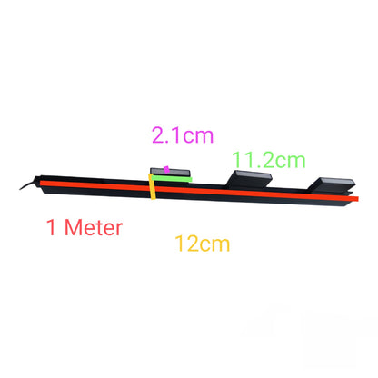 A black rectangular electronic component or strip with overlaid dimension labels: 1 Meter in red, 12cm in yellow, 2.1cm in purple, and 11.
