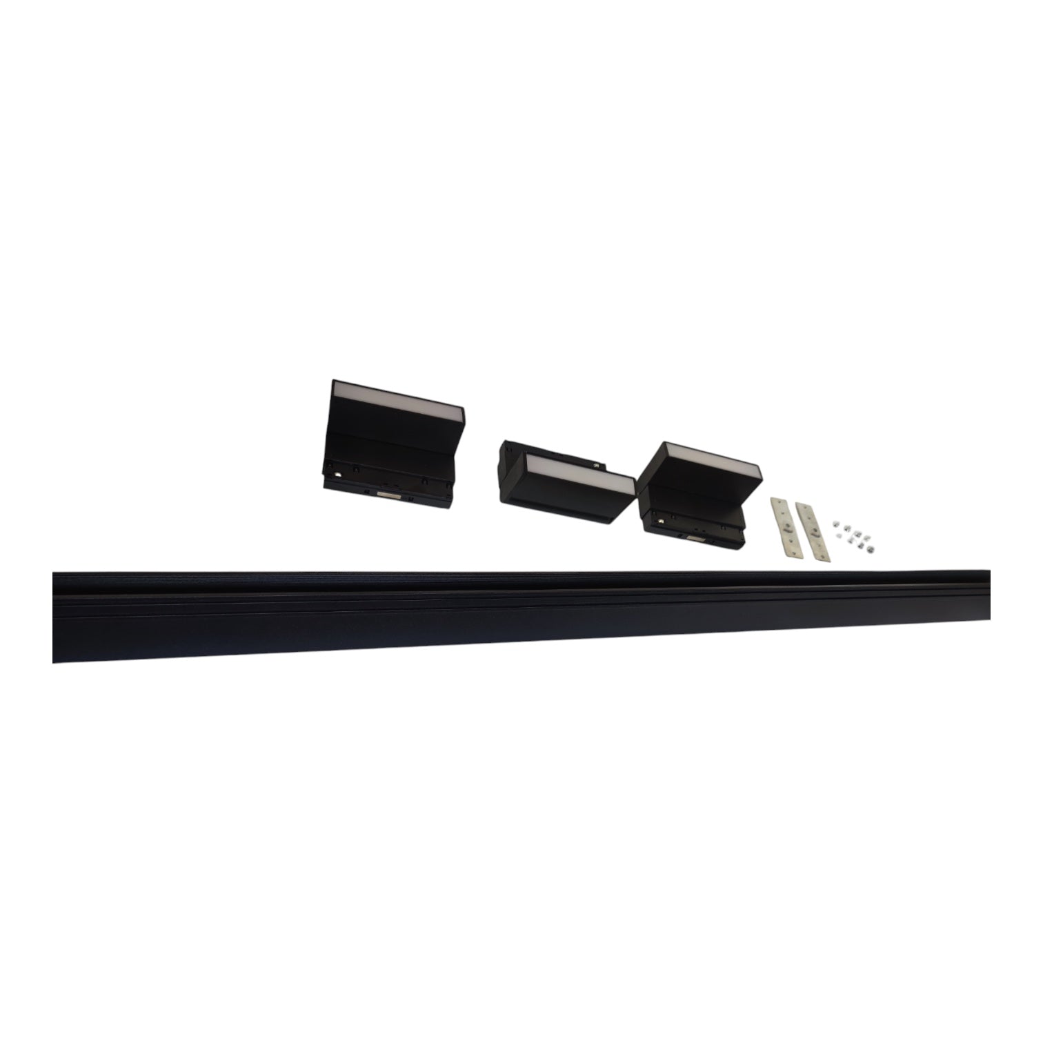 Black metal track hardware kit with a long horizontal track bar and three matching vertical brackets with mounting screws, shown on a plain white background.
