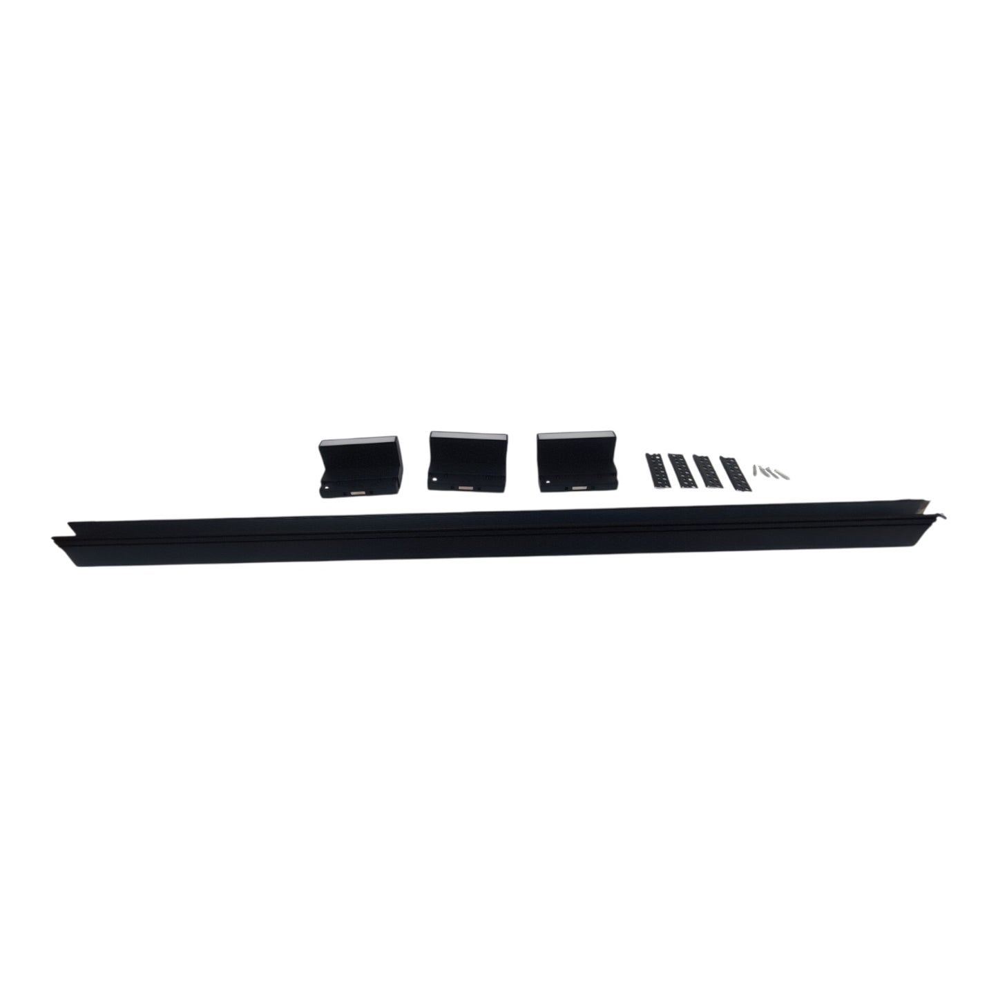 A black metal mounting track or rail set with four black brackets and several small mounting screws, displayed on a plain white background.