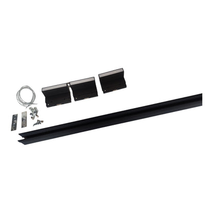 Black metal track or channel kit with three black mounting brackets, two silver metal plates, a coil of wire, and small hardware, arranged on a plain white background.