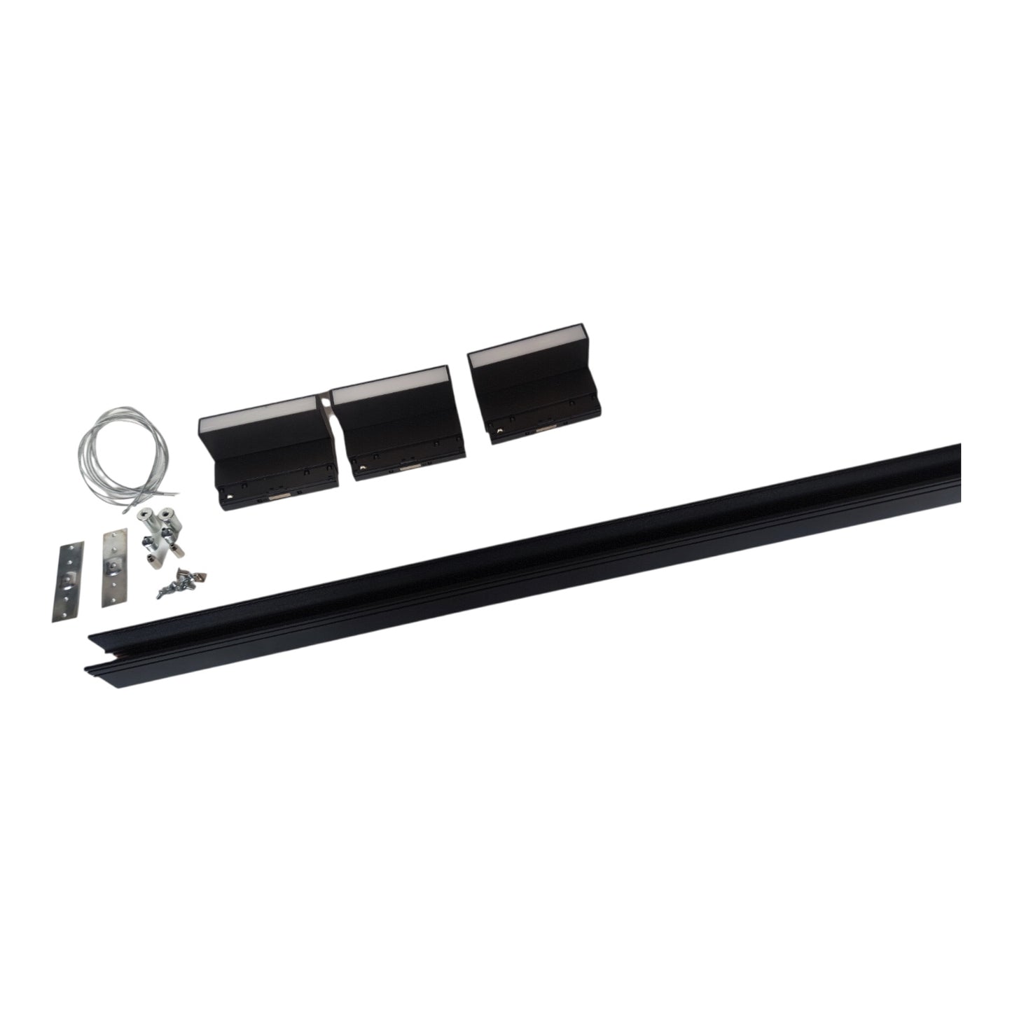 Black metal track or channel kit with three black mounting brackets, two silver metal plates, a coil of wire, and small hardware, arranged on a plain white background.