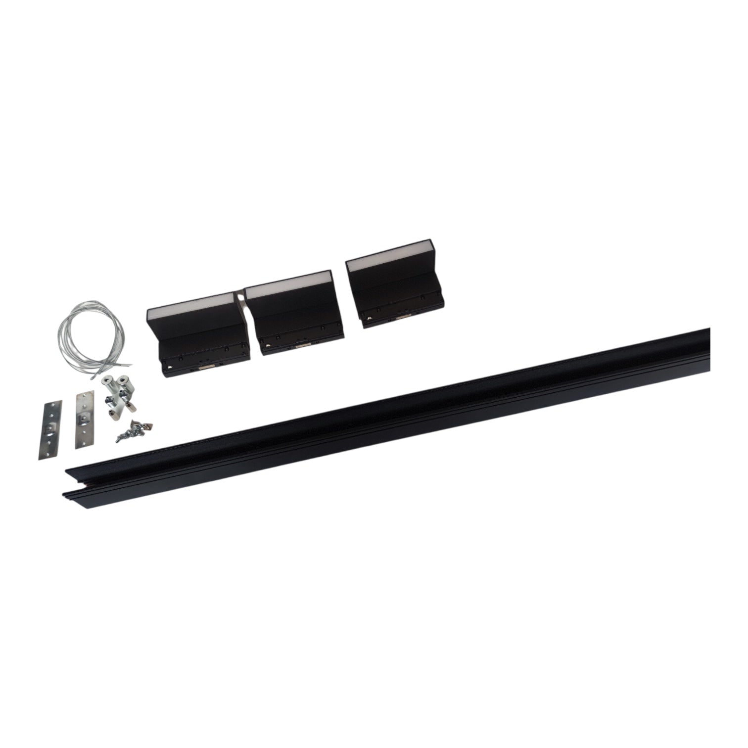 Black metal track or channel kit with three black mounting brackets, two silver metal plates, a coil of wire, and small hardware, arranged on a plain white background.