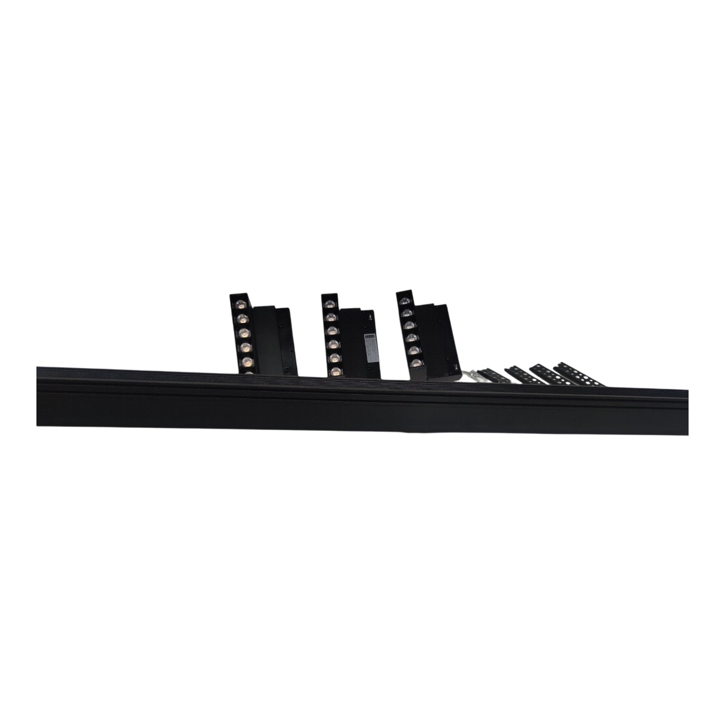Black linear LED light bar with multiple vertical light modules, shown in a side profile view against a solid white background.