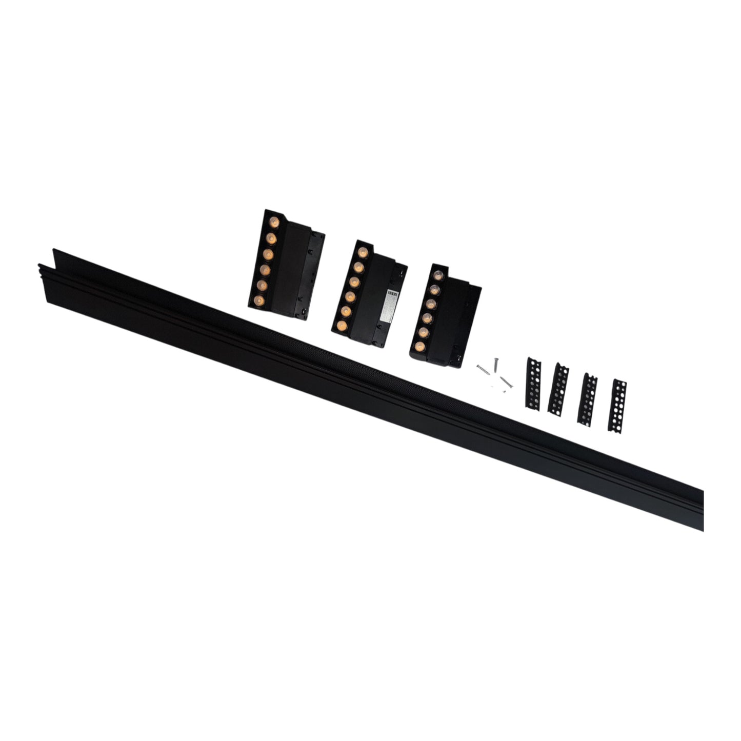 A long black metal track or channel shown on a white background, with several small black hardware pieces and screws arranged beside it.