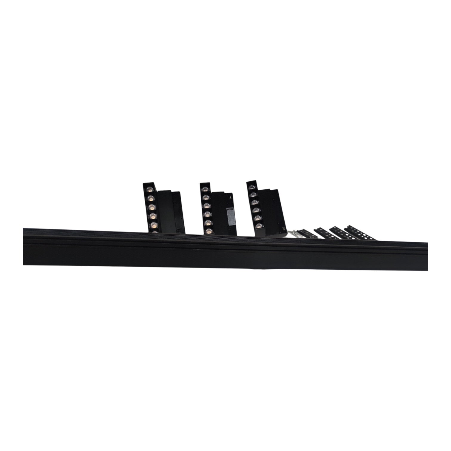 Black linear LED light bar with multiple vertical light modules, shown in a side profile view against a solid white background.