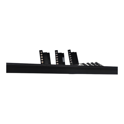 Black linear LED light bar with multiple vertical light modules, shown in a side profile view against a solid white background.