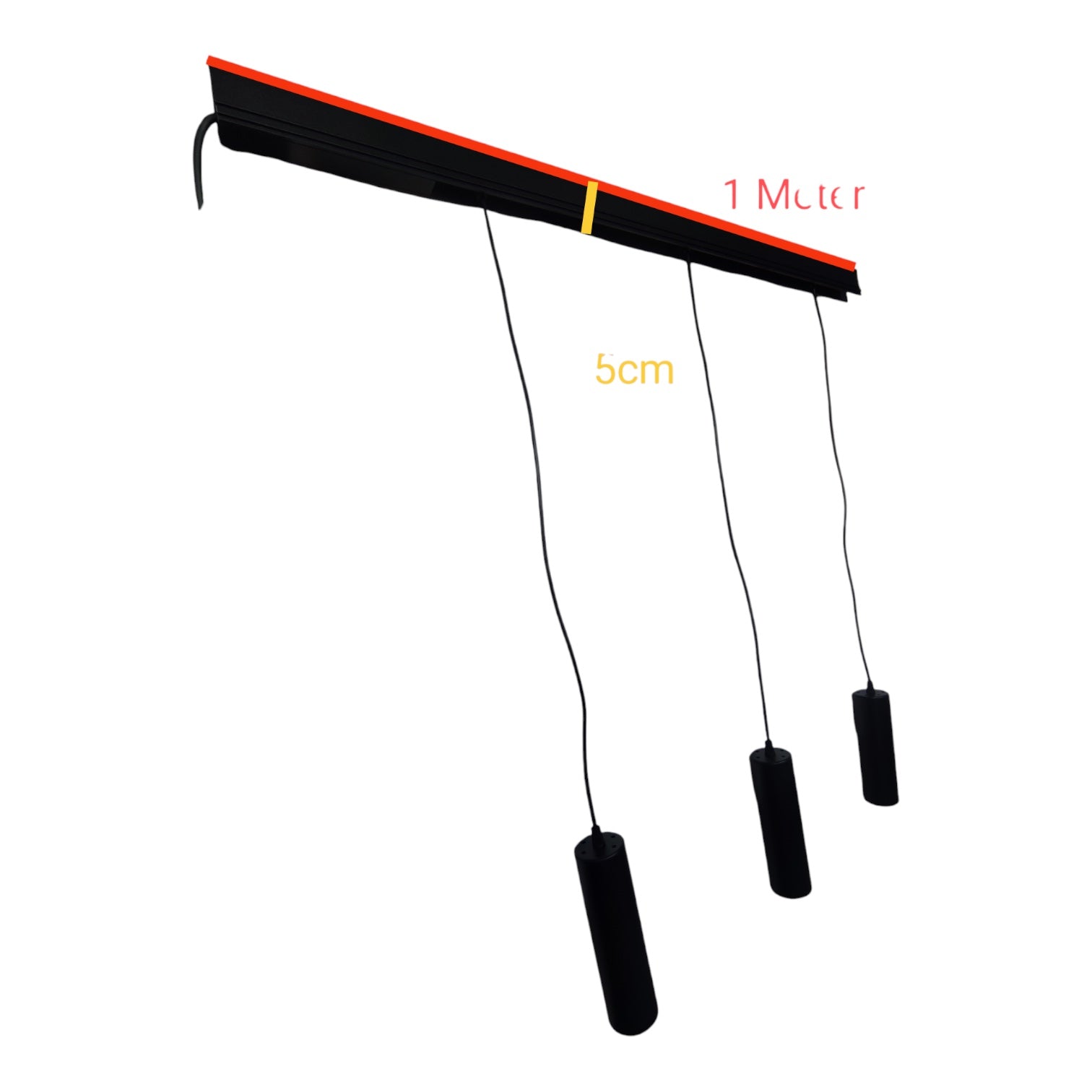 A black adjustable tensioner bar with red and yellow markings, three black hanging cords, and three cylindrical weights, shown on a white background with dimension labels reading 1 Meter and 5cm.