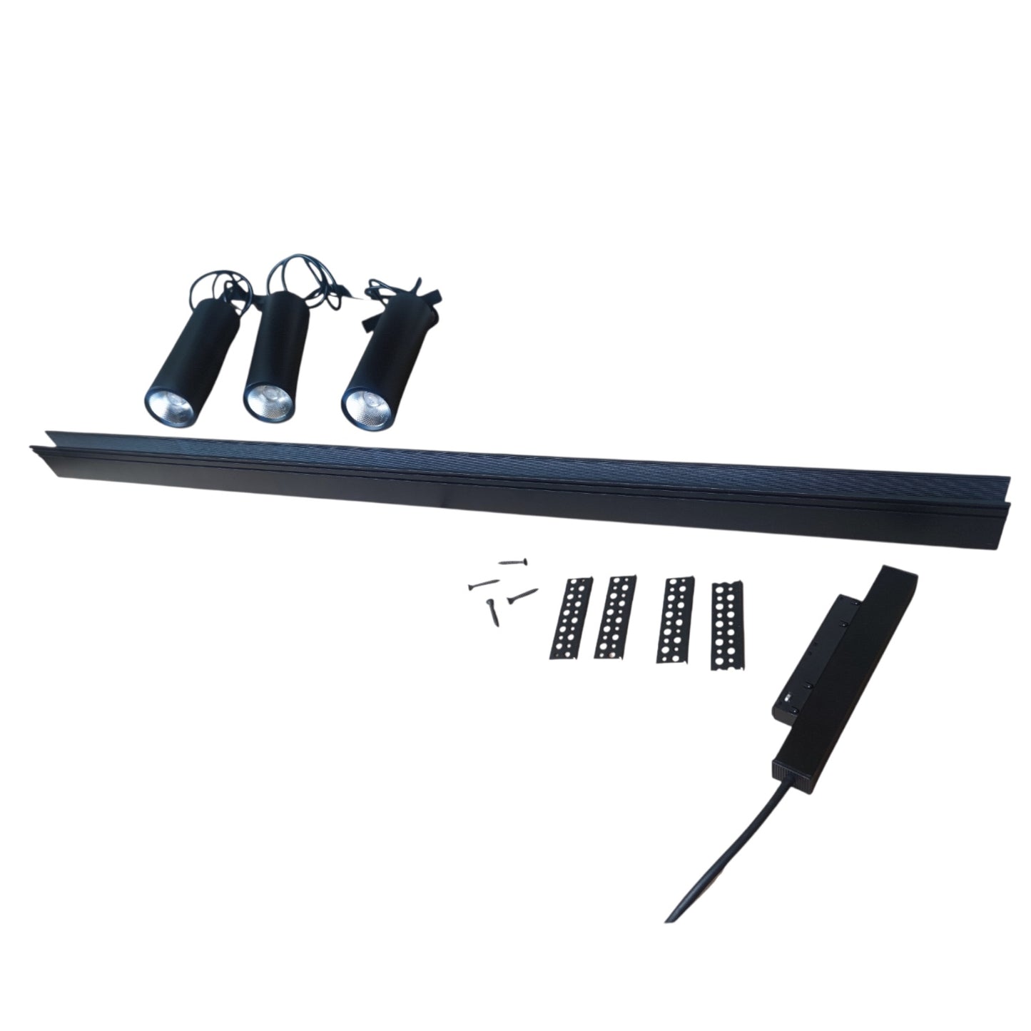 Black metal track lighting kit with three adjustable spotlight heads, a long linear track, mounting brackets, screws, and a power adapter on a plain white background.