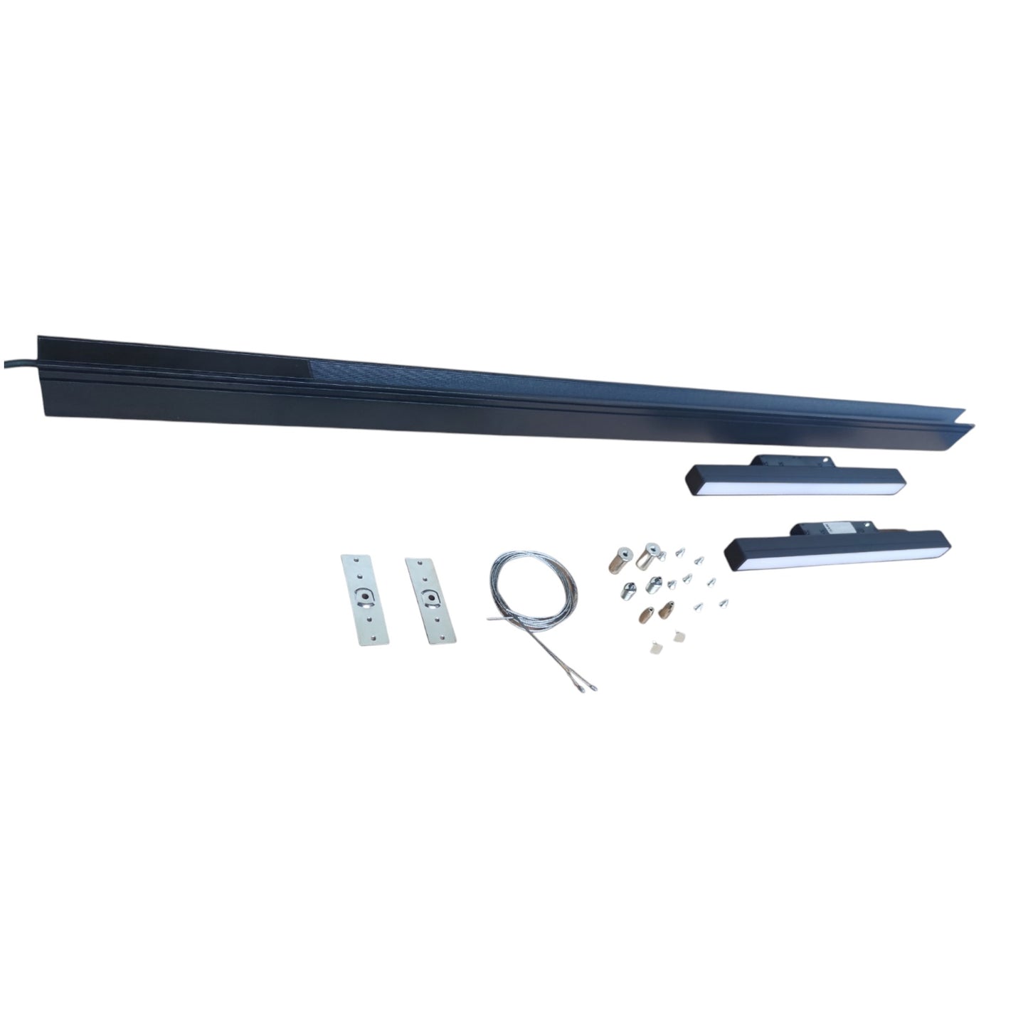 A linear motion guide rail kit with a long black aluminum rail, two black end caps, two silver metal mounting brackets, a coiled cable, and various small hardware screws and nuts, displayed on a solid white background.